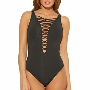 Bleu Rod Beattie Black Lattice-Front One-Piece Swimsuit